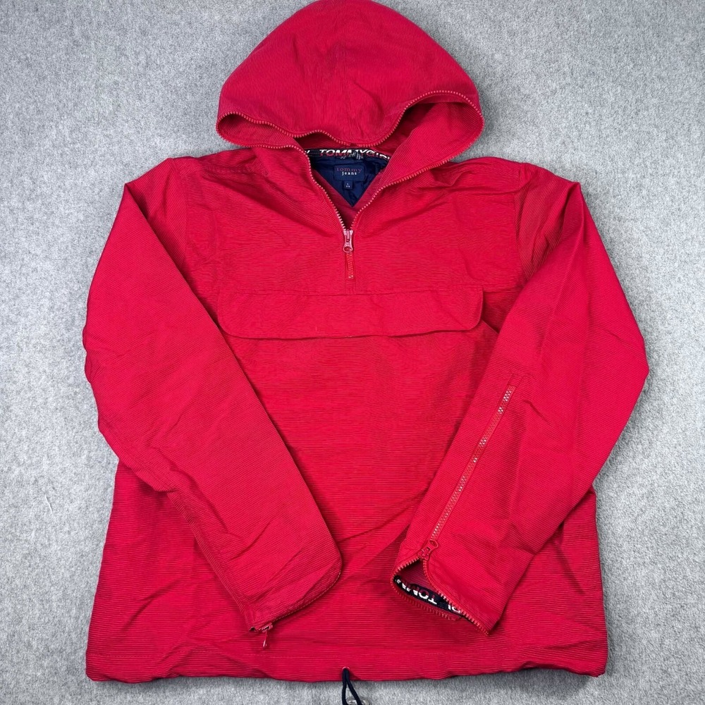 VTG Tommy Jeans Women's Size L Anorak Jacket 1/4 Zip Hooded Y2K Red Pullover 90s